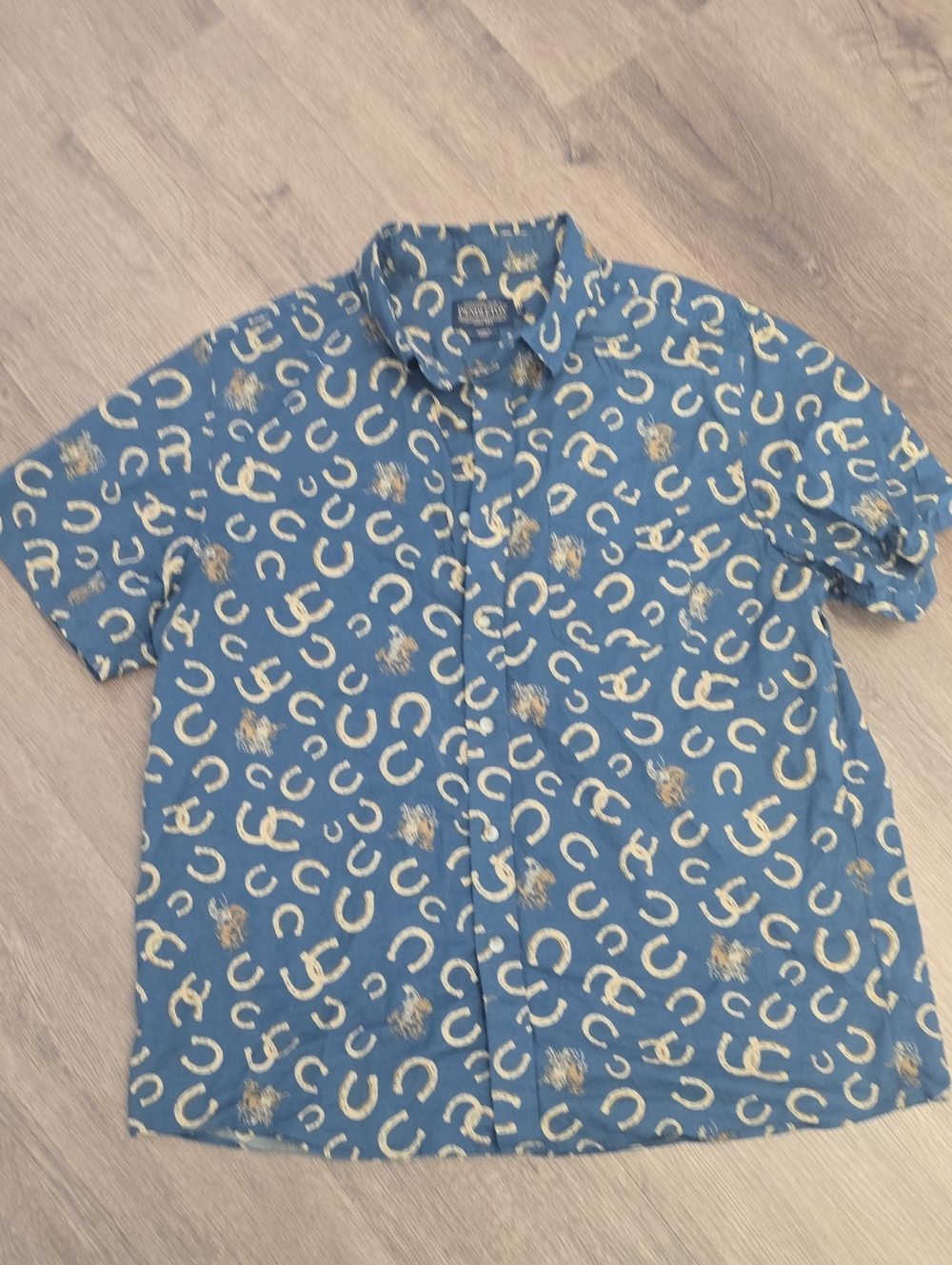 Pendleton Blue Short-Sleeve Button-Down with Cream Horseshoe Print